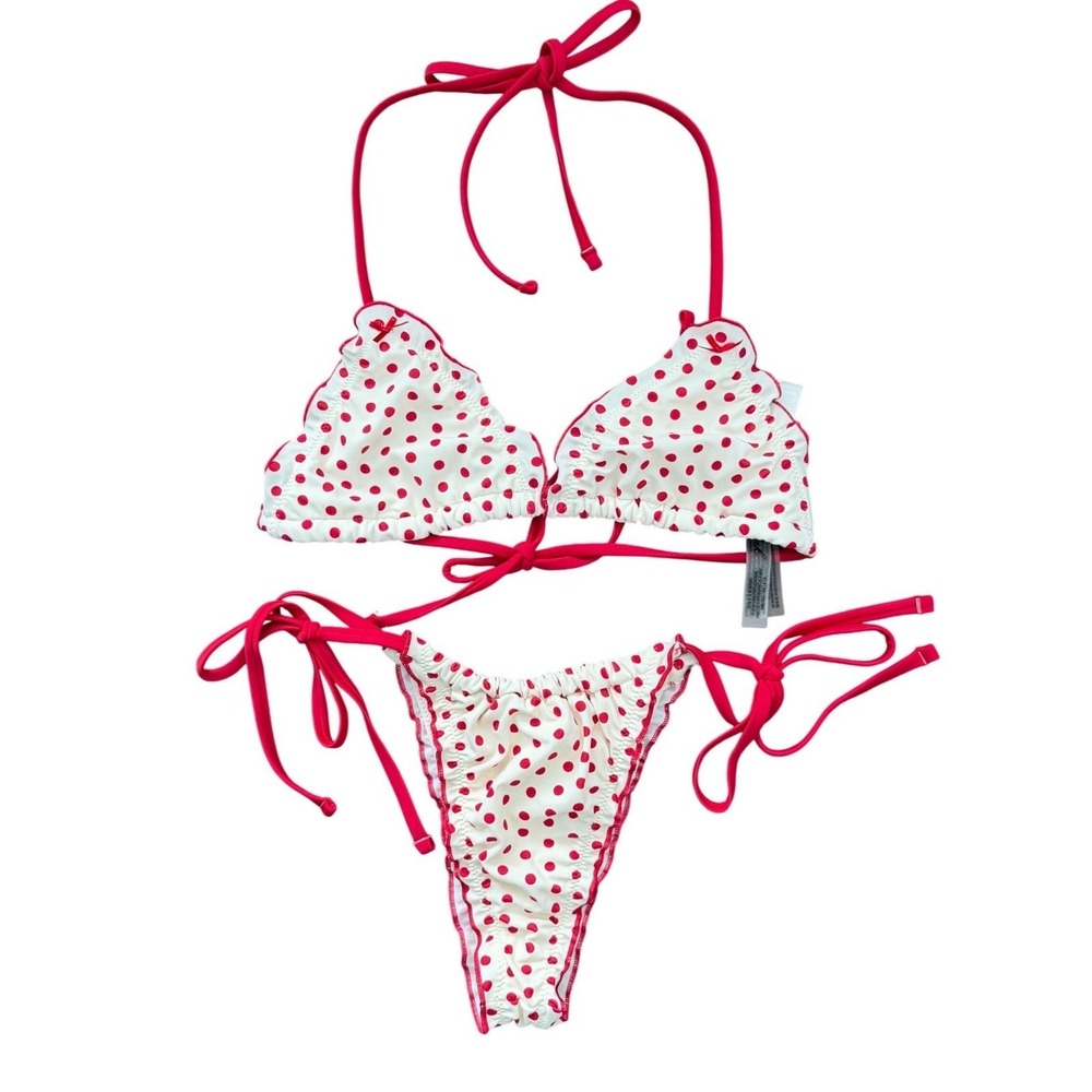VS Pink by Frankies Bikinis Red Polka Dot Scallop Triangle Bikini Set Large NWT